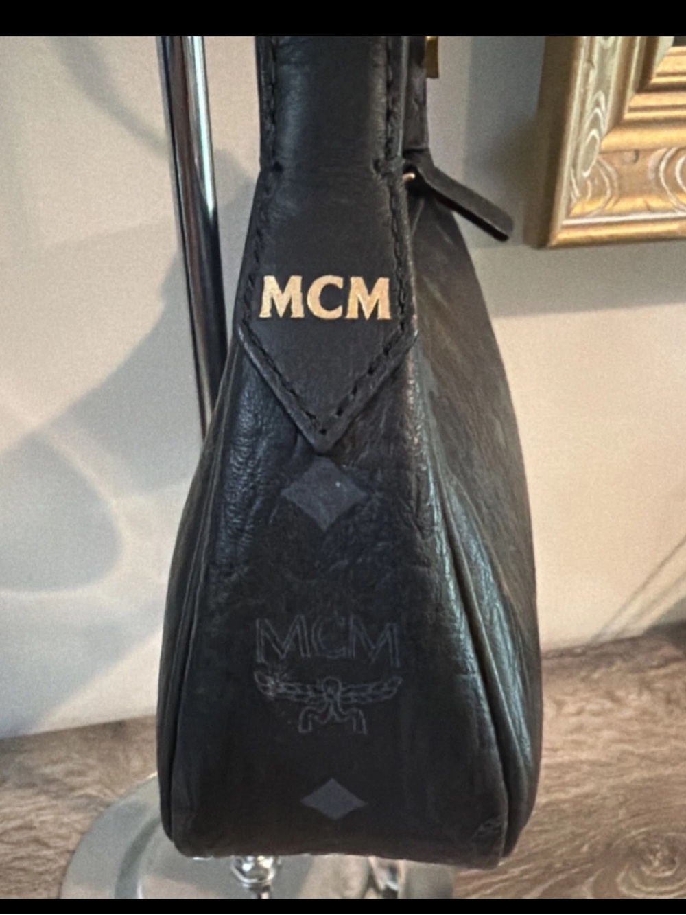 MCM Aren Visetos Monogram Print Shoulder Bag Black Pebble Leather Gray Logo COA - Picture 11 of 16